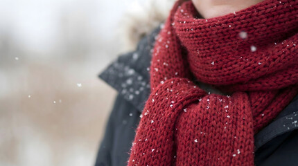 Close-up of a cozy red knitted scarf with snowflakes.