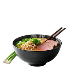 Steamed ramen noodles in a black bowl with pork slices green onions and chopsticks on a black