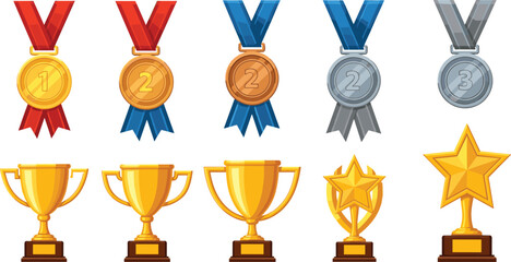 Gold Silver and Bronze Award Trophies and Medals Vector Illustration Set Featuring Winning Cups, Star Prizes, and Competition Achievement Symbols for Sports and Success Design Projects