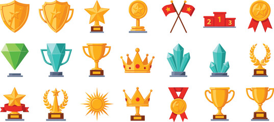 Achievement Trophy and Award Icon Vector Set Featuring Shields, Stars, Crowns, Medals, Crystals, and Winning Cups for Success, Competition, and Recognition Design Projects