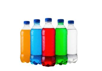 Five sleek plastic bottles holding vibrant, chilled soft drinks, condensation visible, arranged on a glossy black mirror surface with rim lighting. Concept for beverage advertising