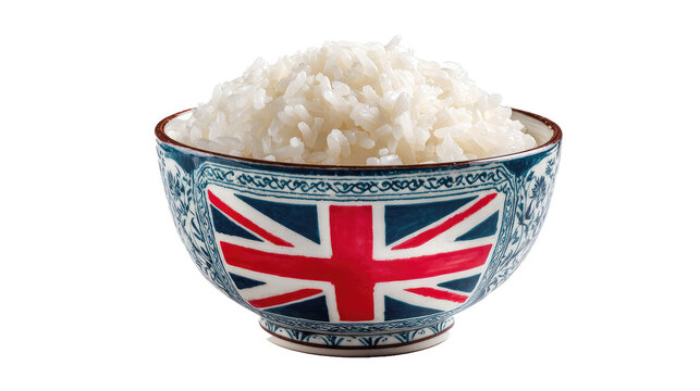 A bowl of white rice with a british flag on transparent background