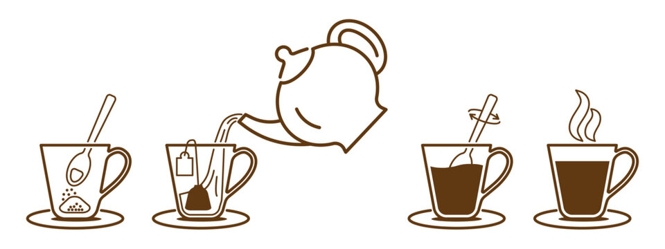 Process of preparing a finished tea drink. Instant preparation instructions for packaging. Linear outline icons of a kettle, cup, and teaspoon isolated on a transparent background. Editable stroke.