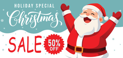 Holiday special Christmas sale banner with cheerful Santa Claus character, bold 50% off badge and festive typography on winter background, ideal for seasonal promotions, web ads, posters and retail.