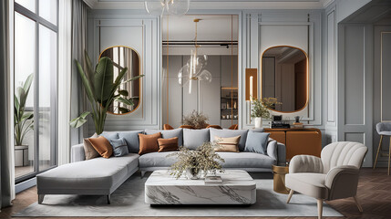 Modern luxury living room with table and sofa in hotel interior