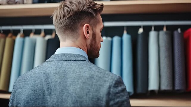 Man Wearing A Textured Grey Suit Jacket Standing In Front Of Shelves Stocked With Colorful Fabric Rolls In A Tailor Shop