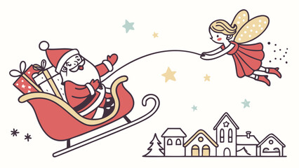 Fototapeta premium A charming illustration of Santa Claus in his sleigh filled with gifts, being pulled by a magical fairy over a quaint village under a starry night sky.