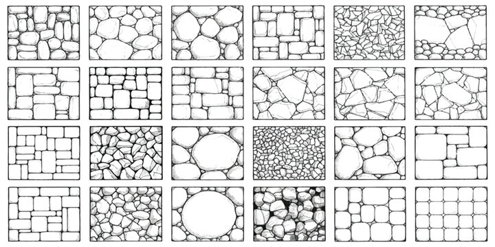 A comprehensive collection of hand-drawn stone and brick wall patterns in line art