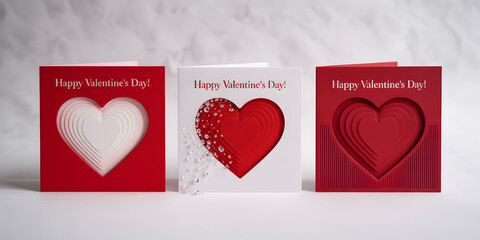 Three valentines day cards with heart designs on red and white