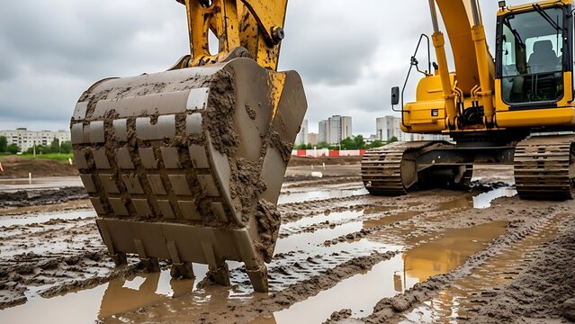 Excavator working in muddy construction site