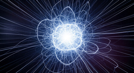 Bright, radial, glowing, white lines expanding from a central point on a dark background, symbolizing energy, connection, and future technology concept