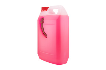 Windshield washer fluid canister isolated on white background. Antifreeze for car screen wash pink color . Blank canister of car product isolated