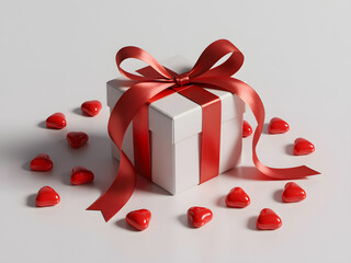 White gift box with red ribbon and hearts on light gray background
