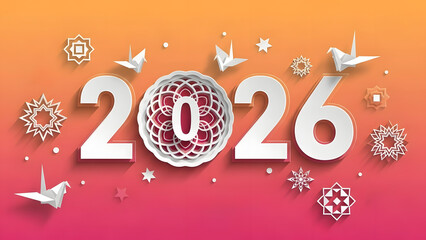 A festive paper cut illustration celebrating the new year 2026 with origami cranes and patterns