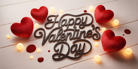 Happy valentines day sign with red hearts and lights on wood