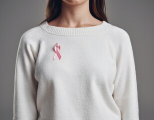 A woman in a white sweater with a pink fly in support of breast cancer patients
