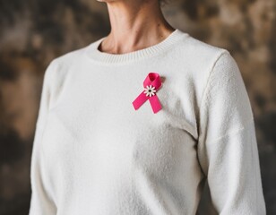 A woman in a white sweater with a pink fly in support of breast cancer patients