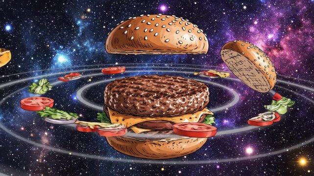 Exploded Burger with Orbiting Components in an Illustrated Style