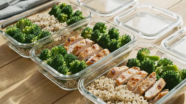 Healthy meal prep containers filled with grilled chicken, quinoa, and fresh broccoli. Ideal for nutritious eating and meal planning