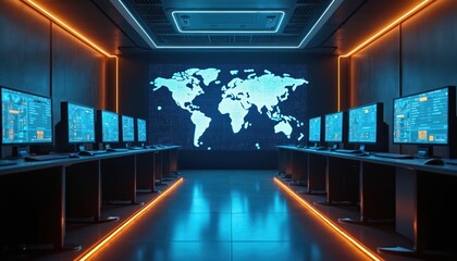 Futuristic control room with wall map, rows of monitors showing data. Global network hub with digital displays, data analysis, high tech operations. Cyber security center with blue, orange neon