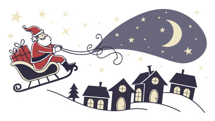 Naklejka premium Santa Claus flying in his sleigh with a sack of gifts over a snowy village at night under a starry sky with a crescent moon.