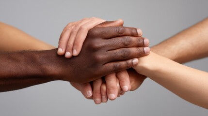 Fototapeta premium Diverse Hands Together in Unity Symbolizing Harmony, Friendship, and Collaboration Against a Soft Gray Background in a Studio Setting
