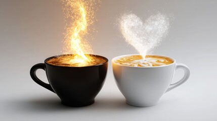 Fototapeta premium Black and White Coffee Cups with Heart Shaped Steam