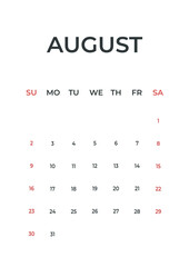 Naklejka premium August 2026 minimal calendar design, simple template planner, week starts Sunday.