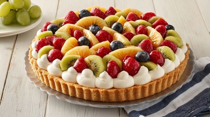 yogurt probiotic dessert concept. A colorful fruit tart topped with various fruits and whipped cream, placed on a rustic wooden surface.