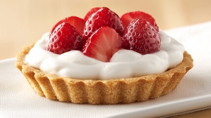 yogurt probiotic dessert concept. A delicious strawberry tart with a creamy filling, topped with fresh strawberries, served on a white plate.
