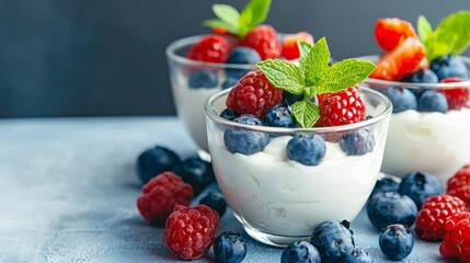 yogurt probiotic dessert concept. Creamy yogurt topped with fresh raspberries, blueberries, and mint leaves in glass bowls on a blue background.