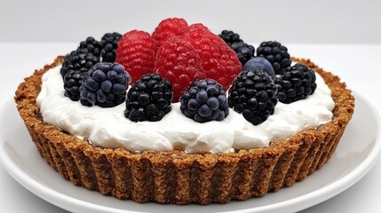 yogurt probiotic dessert concept. A delicious fruit tart topped with fresh raspberries, blackberries, and blueberries on a creamy filling in a golden crust.