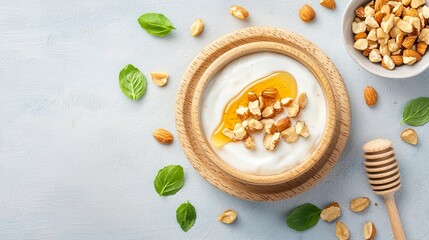 yogurt probiotic dessert concept. Delicious yogurt bowl topped with honey, nuts, and mint leaves, arranged on a light background for a fresh, appetizing look.