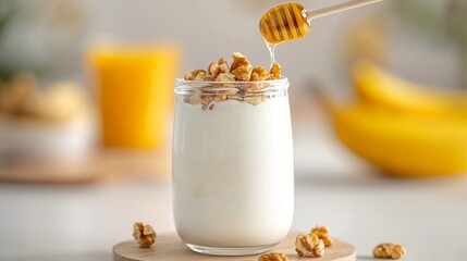 yogurt probiotic dessert concept. A glass of yogurt topped with granola and drizzled with honey, alongside a glass of orange juice and bananas in the background.