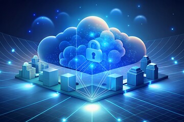 Secure cloud computing with padlock and cityscape in futuristic digital landscape