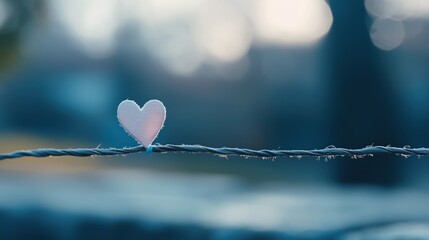 Delicate white heart clipped to a rope against a soft, blurred blue background with bokeh lights, symbolizing love and connection.