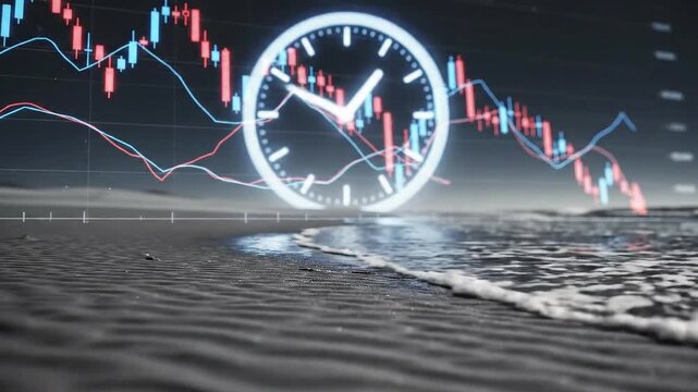 Financial Market Stock Chart Data With Glowing Clock Overlooking Calm Ocean Waves Reflecting On Wet Sand