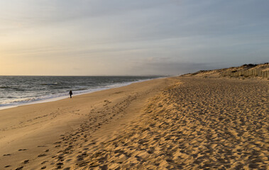 Tourist woman with camera take travel picture on beach at sunset. 