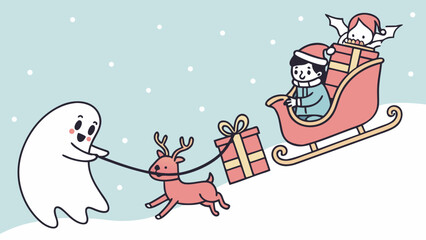 Fototapeta premium Whimsical illustration of a ghost pulling a reindeer and sleigh with children delivering Christmas gifts in snow.