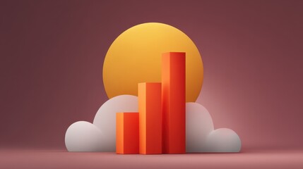 Abstract representation of data growth with bright orange bars, sun, and clouds against a soft purple background illustrating success and progress