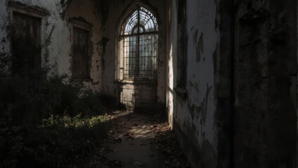 Fototapeta premium Sunlit Archway in Abandoned Building - A Glimpse of Hope in Decay.