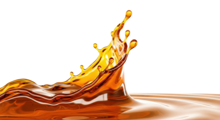 ultra-detailed 3d visualization of viscous golden caramel liquid splashing high, frozen mid-air against a brilliant white infinity cove, advertising concept of luxury and richness