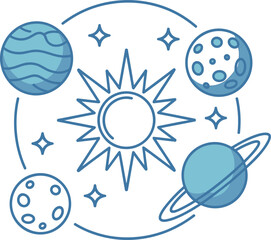 Solar system line icon with sun and planets in orbit