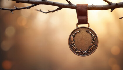 Bronze medal with laurel wreath hangs on tree branch with soft blurred background. Award symbolizes achievement recognition third place prize or honorable mention in competition or event.