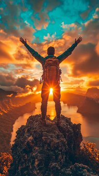 A man is standing on a mountain top, with his arms raised in the air. The sky is filled with clouds and the sun is setting, creating a beautiful and serene atmosphere
