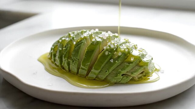Freshly Sliced Avocado Drizzled with Olive Oil and Sea Salt on a Plate