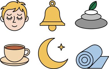 Wellness and relaxation icon set, sleep meditation bell moon tea yoga calm flat vector illustration