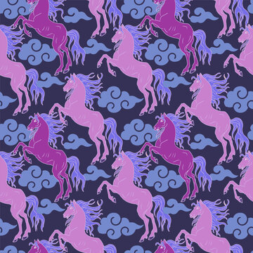 Pink and purple horses and swirl clouds. Fantasy hand drawn seamless pattern.