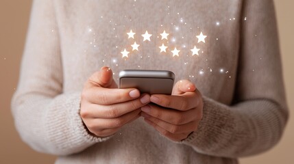 e-commerce growth concept. A person holds a smartphone, with glowing stars appearing above it, suggesting magic or creativity in technology.