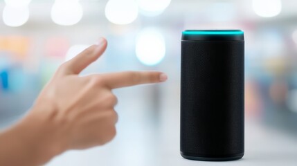 e-commerce growth concept. A person points at a smart speaker with a glowing top, showcasing technology interaction in a modern setting.